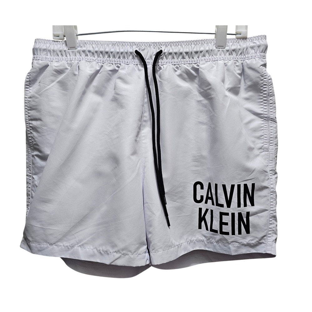 Calvin Klein Mens White Logo Swim Trunks Board Pool Vacatiom Shorts Lg 5 inches